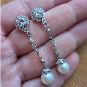 Judith Ripka White Cultured Pearl CZ Drop Sterling Silver Dangling Earrings